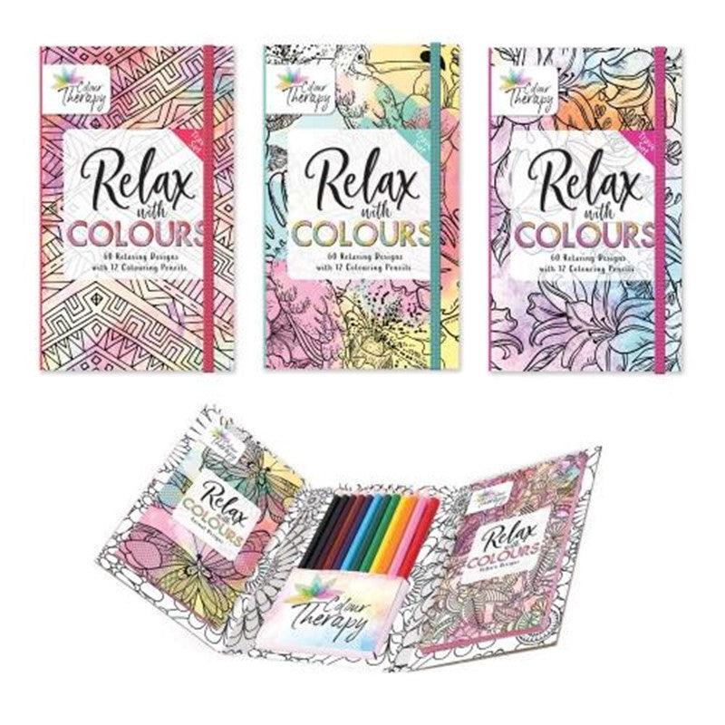Relax with Art - Travel Art Therapy inc 60 colouring pages & 12 Pencils
